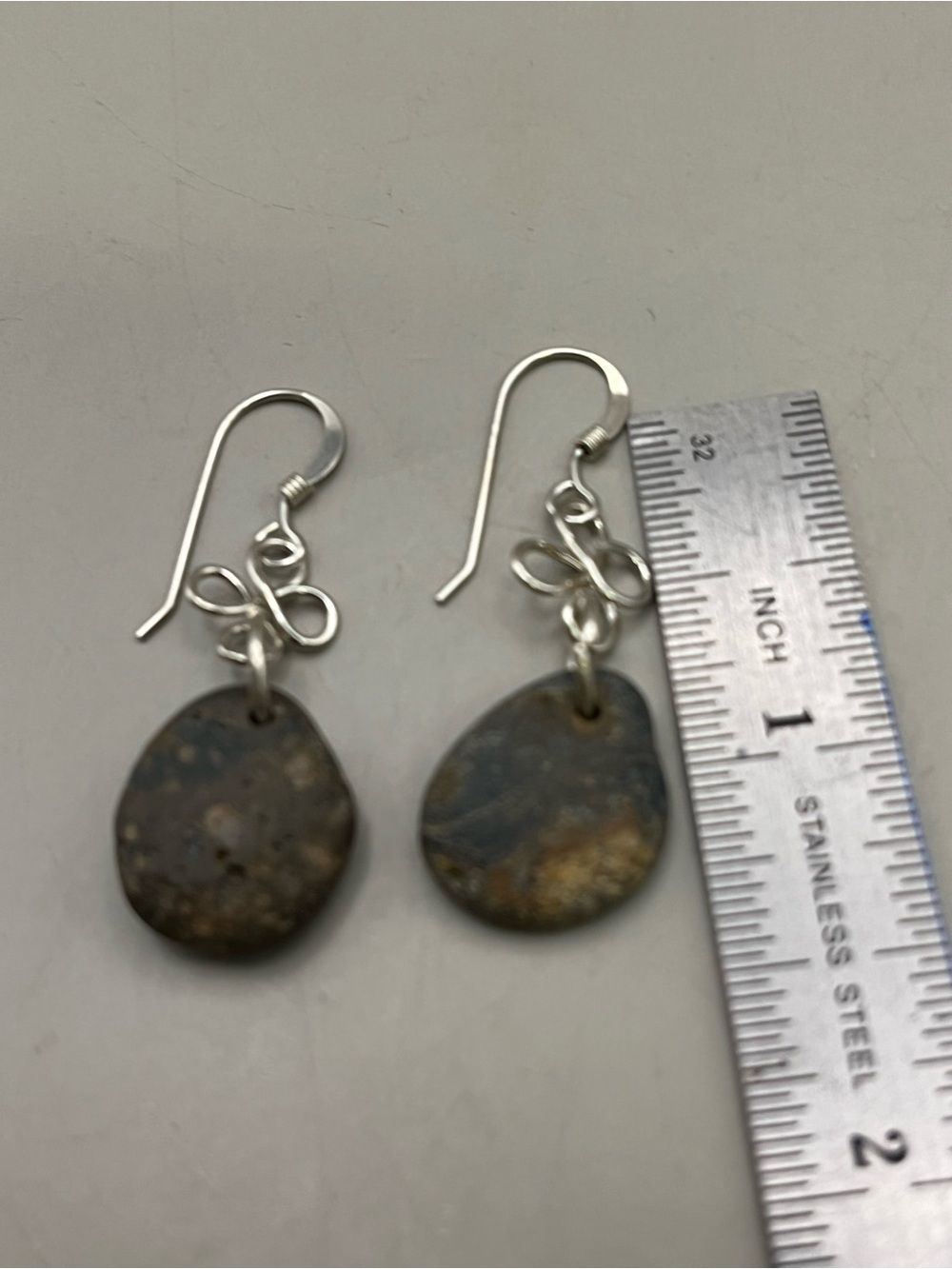 Handmade Sterling Silver Celtic Knot Natural Beach Stone Dangle Earrings - Picture 4 of 4